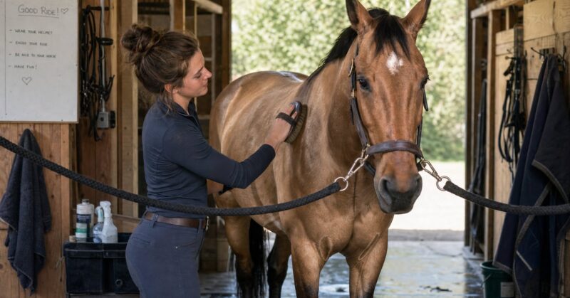 A woman grooming a buckskin horse on cross-ties in a wooden barn aisle.
