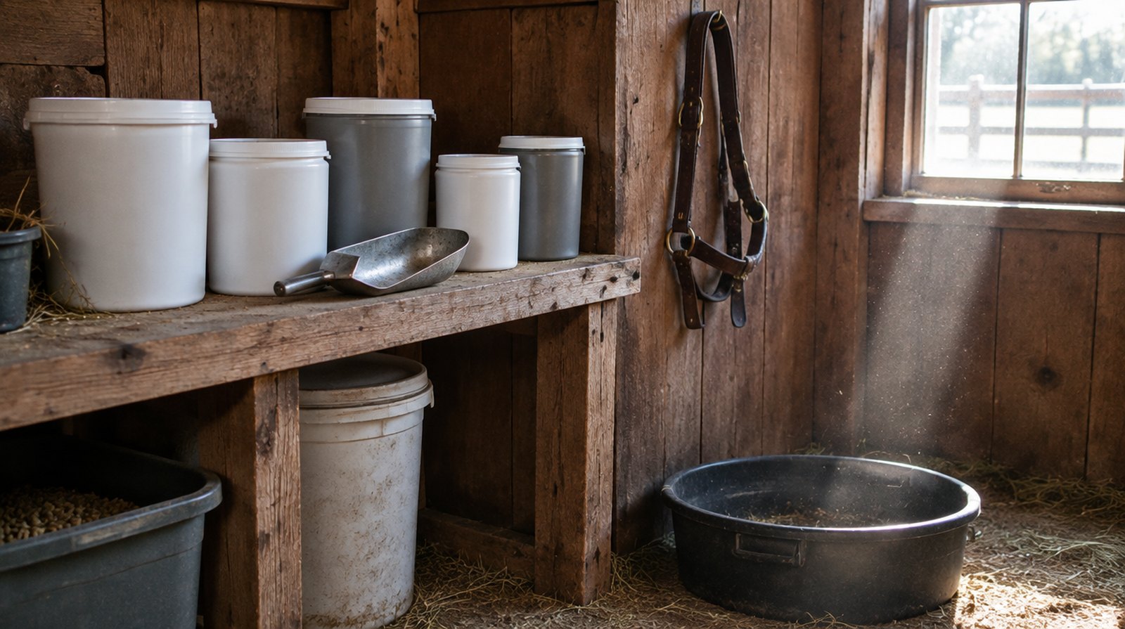 Plain white and grey supplement tubs and a metal scoop on a wooden shelf in a barn feed room, with a halter on the wall and a feed pan on the floor.
