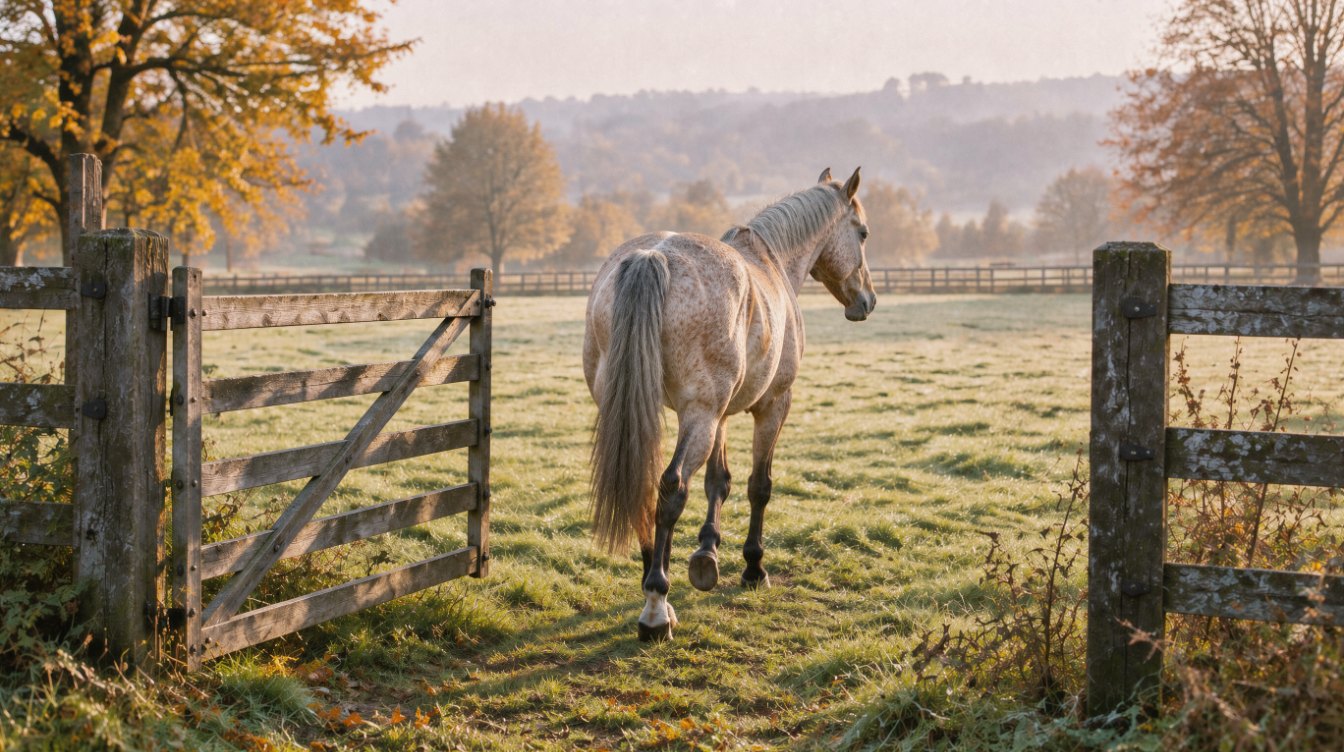 A grey horse walking out through an open wooden gate into a misty autumn paddock.