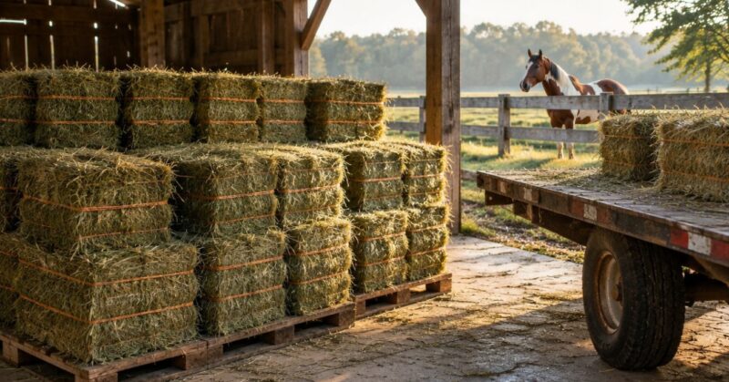 A fresh load of twine-bound small square hay bales stacked on pallets in an open barn, with a flatbed trailer and a pinto horse at the paddock fence beyond.