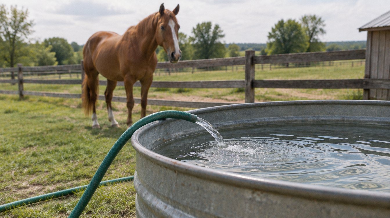 A garden hose filling a galvanized stock tank, with a chestnut horse waiting by the fence behind it.