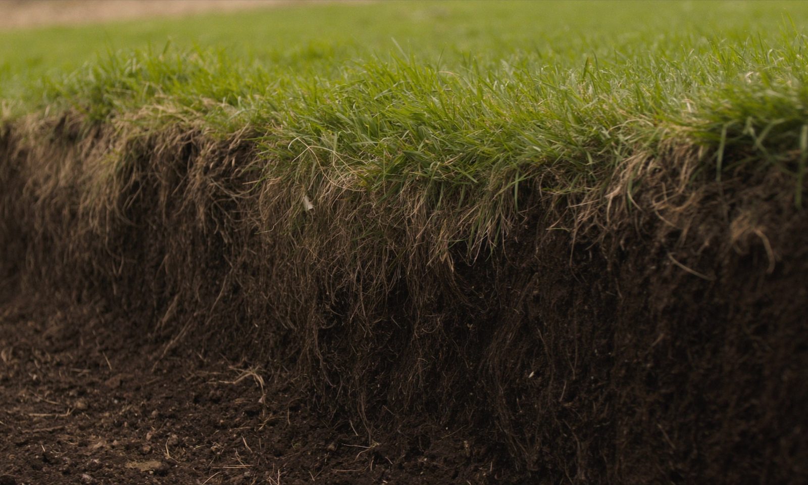 A cut bank of pasture showing green grass above dark soil threaded with roots.