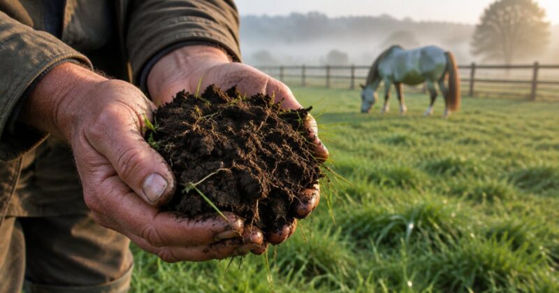 Weathered hands holding a handful of dark, crumbly pasture soil, with a grey horse grazing in a misty paddock behind.